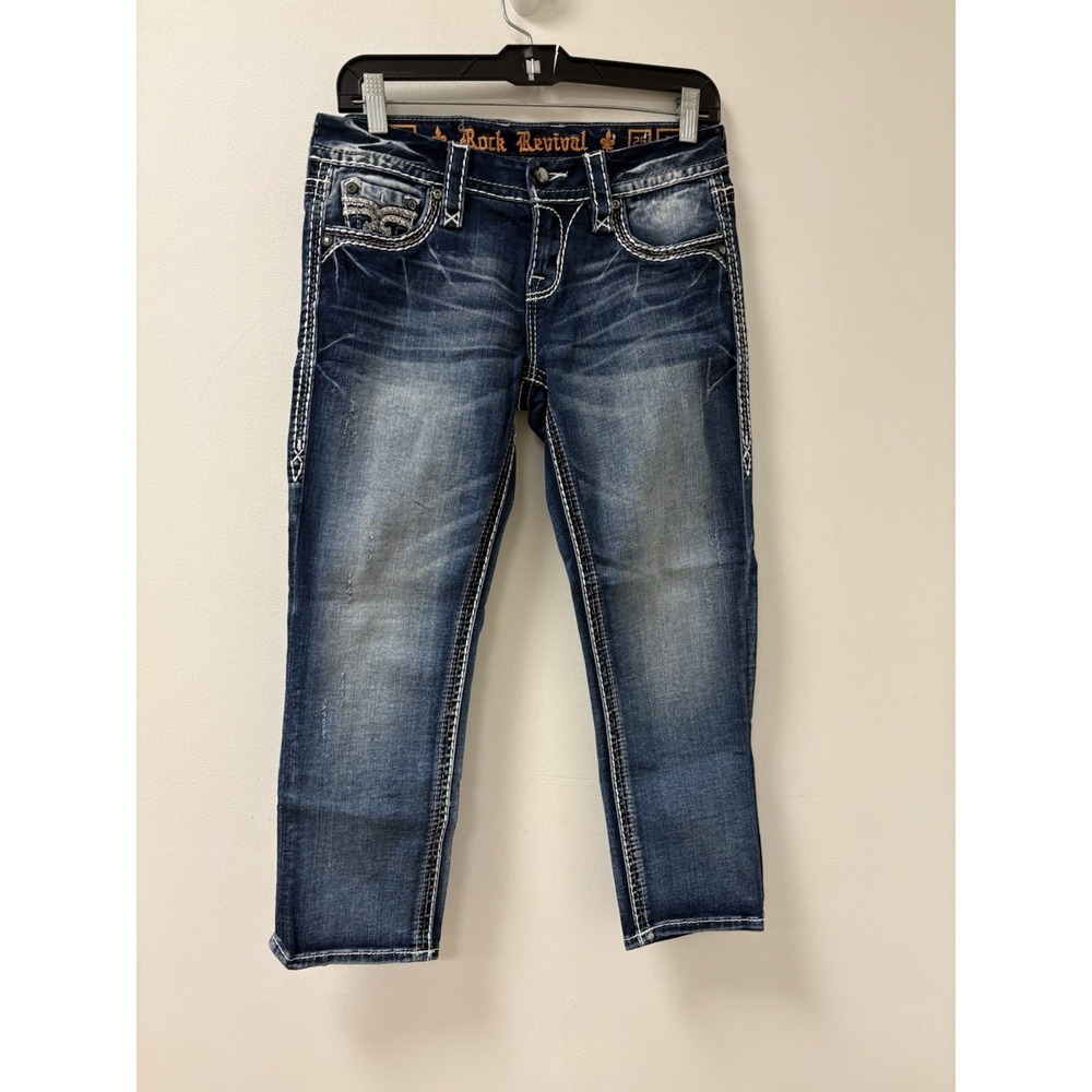 NWOT Rock Revival Jeans "Linne" Swarovski Leather Inserts Easy Capri 25